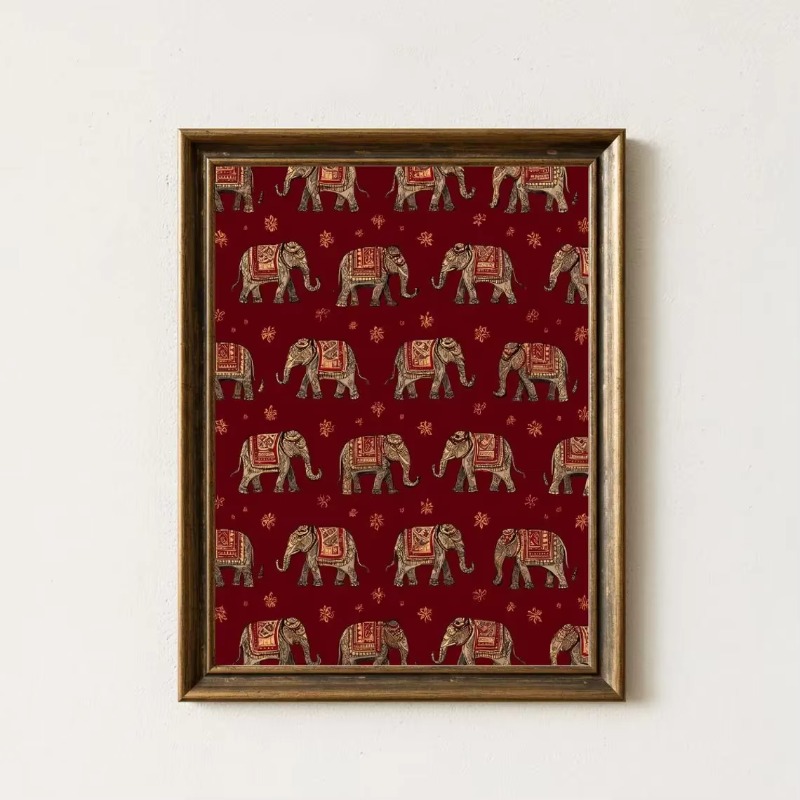 Interior Design Usa - Indische Olifant Patroonprint, Rode Textiel Wandkunst,