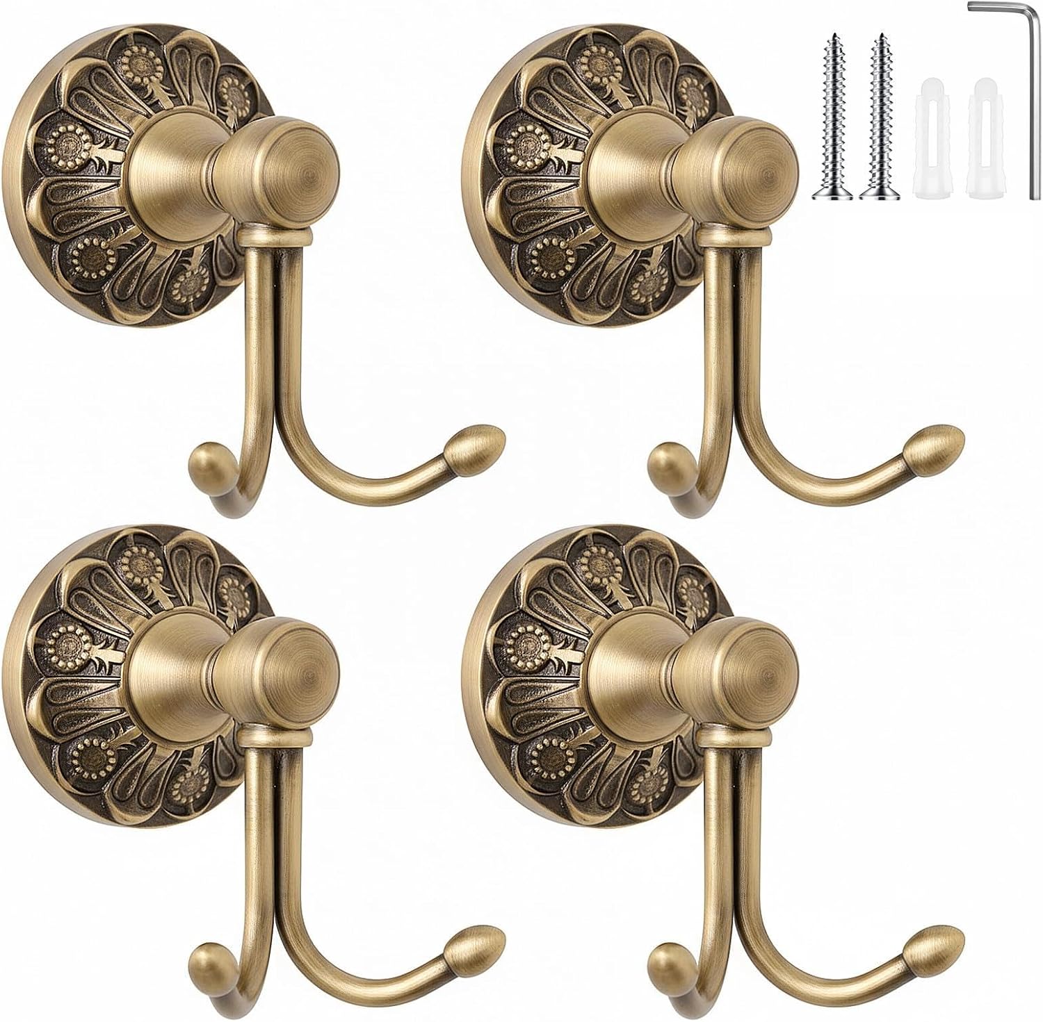 Antique Brass Hook - 4-pack antieke handdoekhaken voor wandmontage, messing,